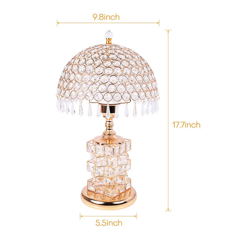 Crystal Table Lamp Set Of 2 Modern Bedside Lamps For Bedroom 3 Way Dimmable with E26 base, crystal dome and metal base dimensions shown.