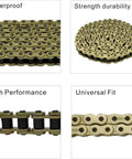 Close-up of 428H Gold 130 Links Motorcycle Chain with Chain Breaker for 125Cc to 200Cc mini bikes, showing durability and universal fit.