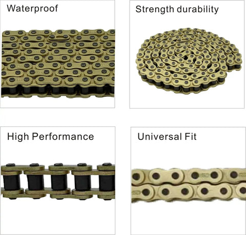 Beefy 428H 122 Link Gold Motorcycle Chain With Chain Breaker showcasing features like waterproof, strength durability, and universal fit.