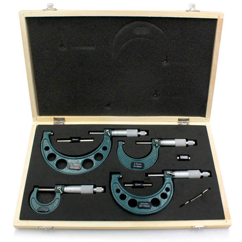 Four Piece Outside Micrometer Set 0 To 100mm With 0.01mm Graduation Carbide Tips Hardened Spindle And Easy Readouts For Quick Accurate Machinist Measurements