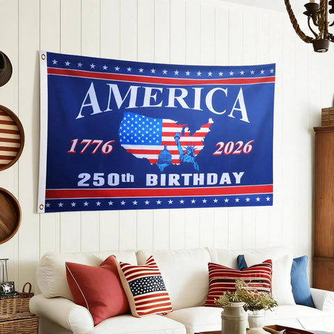 Double Sided 3 By 5 Ft All American Flag Decor For Indoor Outdoor Patriotic Fourth Of July 250th Anniversary hanging on wall