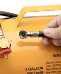 Grab And Go 5 Gallon Portable Air Tank With Sturdy Carry Handle And 125 Psi Max Pressure close-up of quick connect chuck and hose.