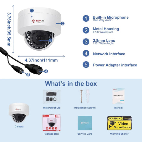5MP PoE IP Dome Camera With Built-In Audio For Indoor Outdoor Surveillance, 98 Foot IR Night Vision, IP66 Weatherproof