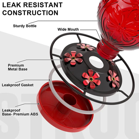 Outdoor Hummingbird Feeder 25 Oz With Perch And Five Flower Ports No Spill Nectar Feeder For Garden Decor Attracting Birds A Sweet Gift For Women Red, close-up of leak-resistant construction and flower ports.