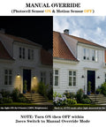 Manual override mode of motion sensor outdoor light with dusk to dawn sensor and PIR motion trigger on house at night and day.