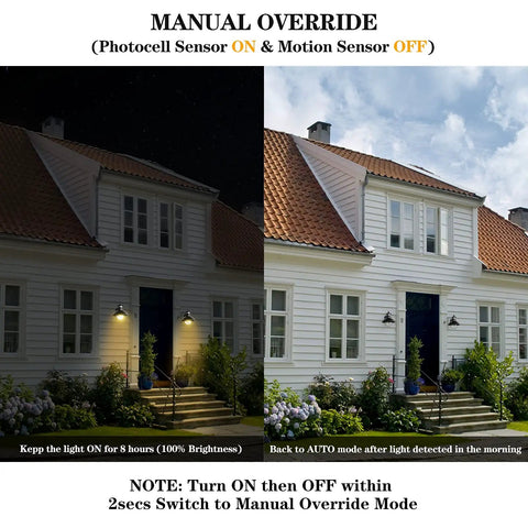 Manual override mode of motion sensor outdoor light with dusk to dawn sensor and PIR motion trigger on house at night and day.
