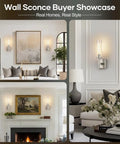 Collage of Wireless Wall Sconces with Remote Control in stylish living spaces, featuring brushed nickel and dimmable lighting.