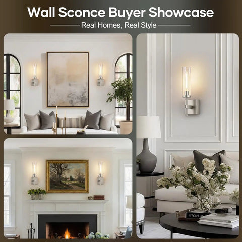 Collage of Wireless Wall Sconces with Remote Control in stylish living spaces, featuring brushed nickel and dimmable lighting.