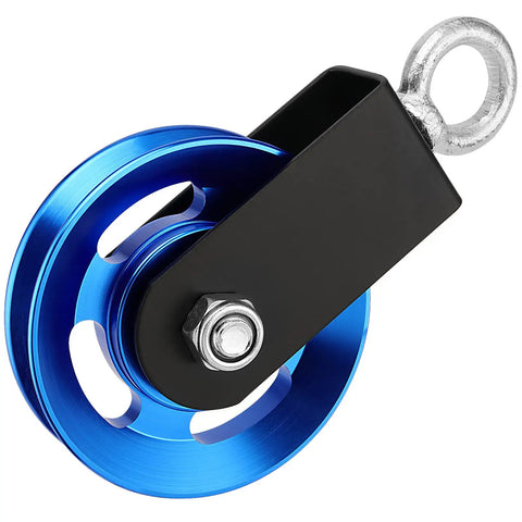 Beefy Aluminum Cable Pulley Wheel Set With Hanging Strap And Snap Hook, 3.5 Inch Snatch Block Rotates 360 Degrees, Heavy Duty Home Gym And DIY Pulley System, Blue, close-up