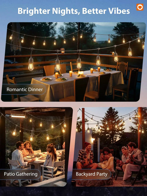Outdoor Led String Lights 48ft With Edison Vintage Shatterproof Bulbs For Patio And Garden illuminating a table and patio.