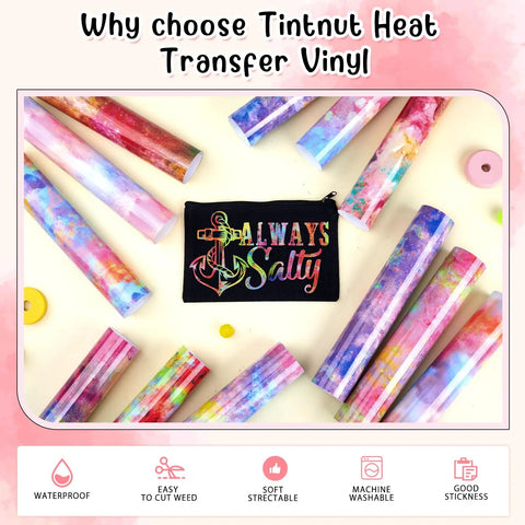 Tintnut Grungy Watercolor Heat Transfer Vinyl 12Pcs Iron On Glitter Sheets in vibrant pastel colors with a black pouch.