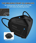 Black KN95 Five Ply Cup Style Face Mask showing leakless welding point and waterproof surface design, product 30 pack