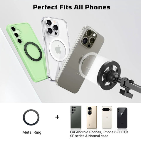 Floor Magnetic Phone Holder For Bedside Use, Adjustable Bed Mount For iPhone MagSafe, showing phone compatibility and metal ring
