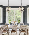 Rustic Wood Four Light Chandelier With Adjustable Suspension Chain in dining room over table, vintage round sphere design