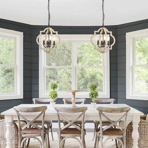 Rustic Wood Four Light Chandelier With Adjustable Suspension Chain in dining room over table, vintage round sphere design