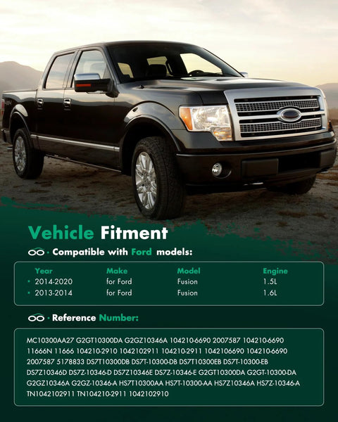 Ford Fusion vehicle compatibility chart for 2013-2020, detailing models, engine types, and reference numbers.