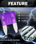 Closeup of a purple blade fuse from 120 Piece Car Fuse Kit With Tester And Puller, highlighting features and aluminum material.