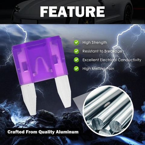 Closeup of a purple blade fuse from 120 Piece Car Fuse Kit With Tester And Puller, highlighting features and aluminum material.