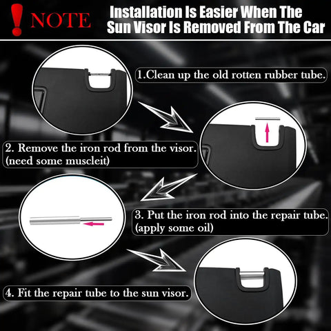 Installation diagram for Heavy Duty Sun Visor Repair Kit For Jeep Wrangler JK JKU 2007 To 2017 Four Piece Visor Tube Set