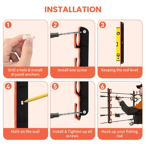 Installation steps for Heavy Duty Fishing Rod Holder Set For Garage Wall Or Ceiling Mounts With Soft TPU Pads, 4 Pack.