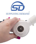 Close-up of Washer Drain Pump Replacement For W10876600 W10727777 Model Specific, hand holding pump with logo in background.