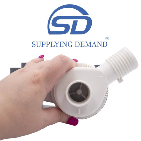 Close-up of Washer Drain Pump Replacement For W10876600 W10727777 Model Specific, hand holding pump with logo in background.