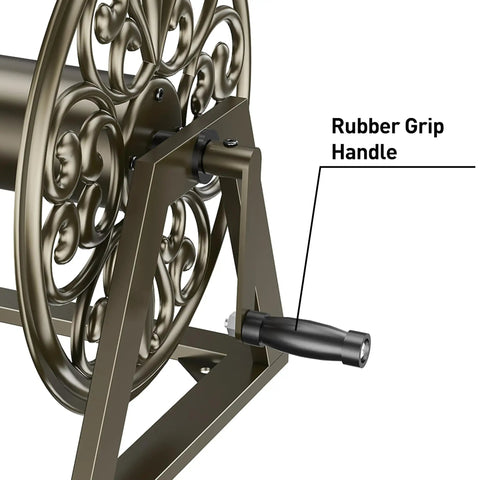 Heavy Duty Garden Hose Reel With Wall And Floor Mount Decorative Hose Holder And Winder showing rubber grip handle