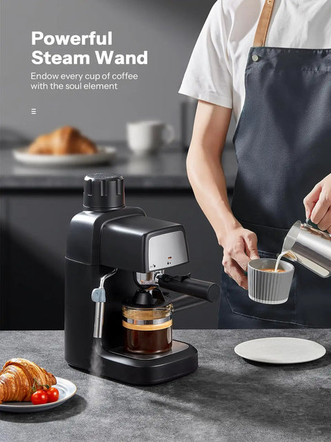 Compact 3.5 Bar Espresso Machine With 800W Power, Steam Wand, Makes 4 Cups Cappuccino And Latte on a kitchen counter