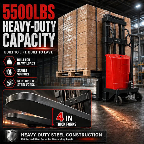 Rugged 5500 Lbs Semi Electric Pallet Stacker With 118 Inch Lift Height And Adjustable Steel Forks in warehouse with heavy load.