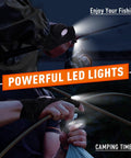 Fathers Day Gift For Dad And Husband LED Flashlight Gloves in use during night fishing, showing bright lights and fingerless design.