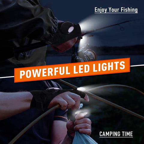Fathers Day Gift For Dad And Husband LED Flashlight Gloves in use during night fishing, showing bright lights and fingerless design.