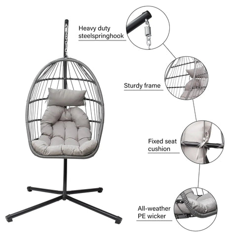 Outdoor Hanging Egg Chair With Stand For Patio And Garden Cozy Weatherproof Wicker Hammock Chair With Plush Cushion And Durable Steel Frame