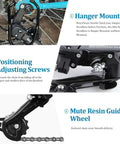 6/7 Speed Rear Derailleur With Hanger Mount For Mountain Bikes, showing hanger mount, adjusting screws, and resin guide wheel.