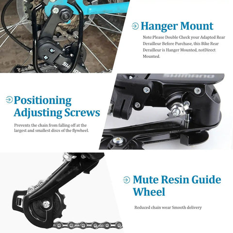 6/7 Speed Rear Derailleur With Hanger Mount For Mountain Bikes, showing hanger mount, adjusting screws, and resin guide wheel.