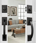 Front Door Handle Set With Double Door Lock And Dummy Handle, Heavy Duty Deadbolt, Single Cylinder, Oil-Rubbed Bronze on white doors.