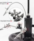 Pro Grade Magnifier Work Station with 16 LED Lights, showing 360-degree rotatable gooseneck arm with alligator clips for precision electronics