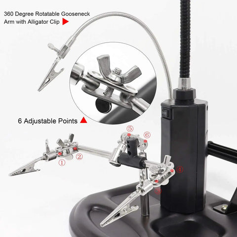 Pro Grade Magnifier Work Station with 16 LED Lights, showing 360-degree rotatable gooseneck arm with alligator clips for precision electronics