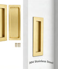 Stainless Steel Sliding Pocket Door Flush Handles With Recessed Finger Pulls for Closet Doors in satin brass, 5.91 inch, 304 steel