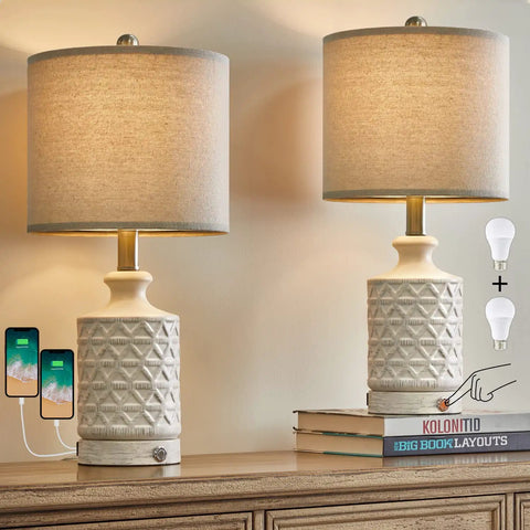 20 Inch Set Of 2 Cozy Farmhouse Ceramic Table Lamps With 3 Way Dimmable Touch Control White Nightstand Lamps For Bedroom And Living Room End Table Bedside Lighting