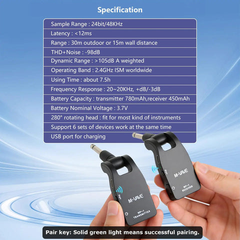 Wireless Guitar System With 2.4G Tech, Cordless Transmitter And Receiver For Stage And Studio held in hand over specs chart