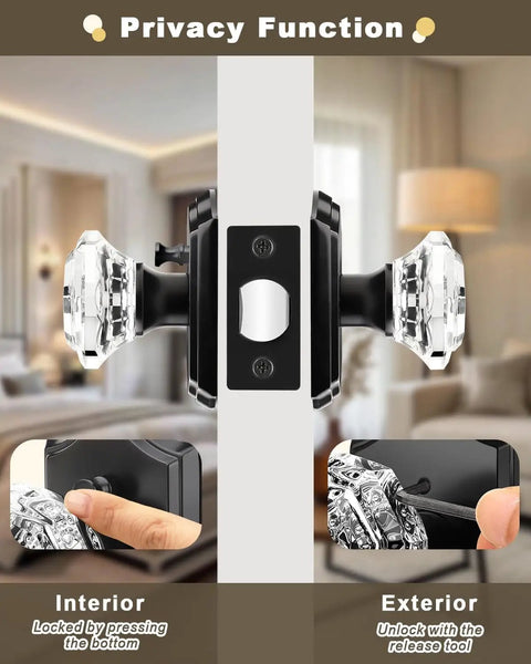 Vintage Octagon Crystal Glass Door Knobs 2 Pack Interior Privacy Lockset for Bedroom and Bath with Matte Black Arched Rosettes illustration