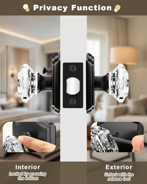 Matte Black Octagon Crystal Glass Door Knob Set 6 Pack Keyless Privacy Function for Bedroom and Bathroom installation example