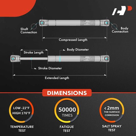 Dimensions diagram for Rock Solid Rear Tailgate Lift Supports Pair Gas Spring Shock Struts showing stroke lengths and tests.