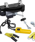 Heavy Duty 2200 Lb Electric Hoist Crane with remote, emergency stop, zinc plated steel wire rope, lifting parts, and straps.
