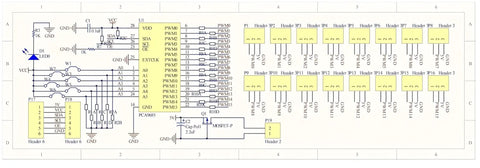 Diagram of 2 Pack PCA9685 16 Channel 12 Bit PWM Servo Controller Module With I2C Interface for Raspberry Pi and Arduino projects.