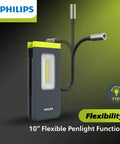 Xperion 6000 Pocket LED Work Light With Gooseneck Spotlight, showing 10-inch flexible beam and penlight function.
