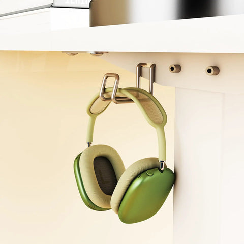 Green headphones hanging under the Electric Standing Desk With Adjustable Height Sit Stand Computer Table For Home Office 40x24 Inch White Desk