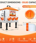 Total Game Changer 55 Pound Automatic Chicken Feeder with dimensions labeled, showing 8 deep ports and hardware features.