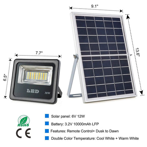 Spot Lighting 30W 1000 Lumens Led Solar Powered Flood Lights with Rf R,，， showing a solar panel and LED flood light with dimensions.