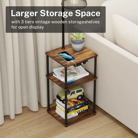 No Fuss All In One Floor Lamp With Table And Shelves Built In Two USB Ports And Outlet beside a sofa